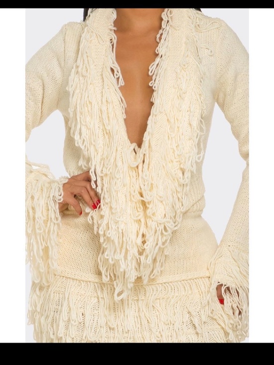 Dresses & Skirts - FRINGE TEXTURE KNIT SWEATER SKIRT SET: CREAM